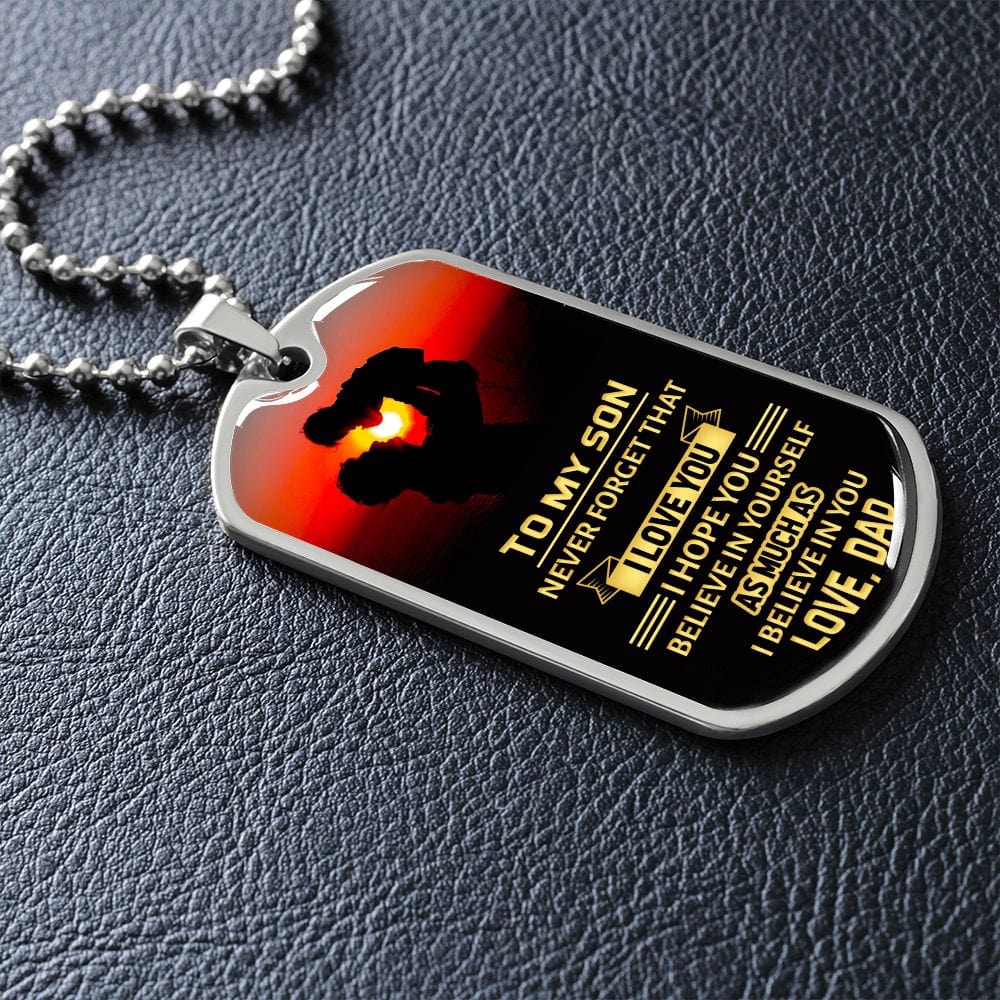 Para mi hijo: nunca lo olvides: placa y cadena para perros de lujo de estilo militar