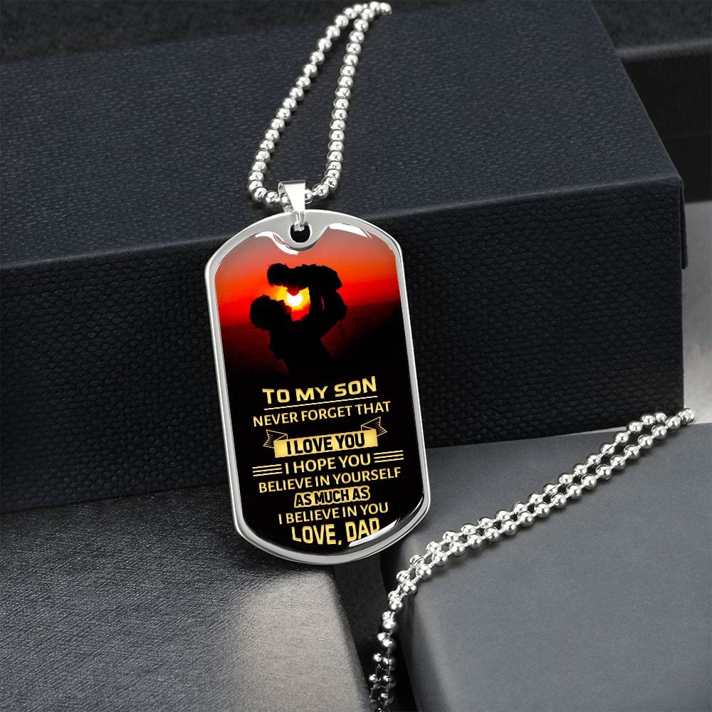 Para mi hijo: nunca lo olvides: placa y cadena para perros de lujo de estilo militar