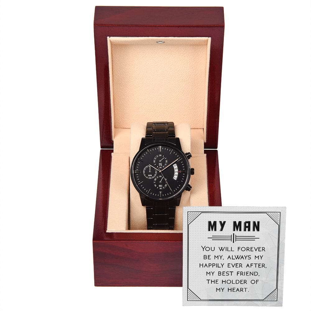 Siempre serás mi reloj cronógrafo negro con caja de caoba