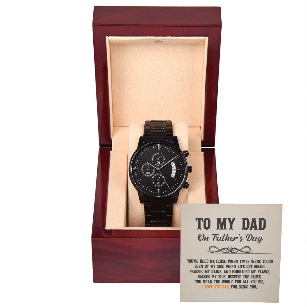Para mi papá: Me mantuviste cerca cuando los tiempos eran difíciles: reloj cronógrafo negro con caja de caoba