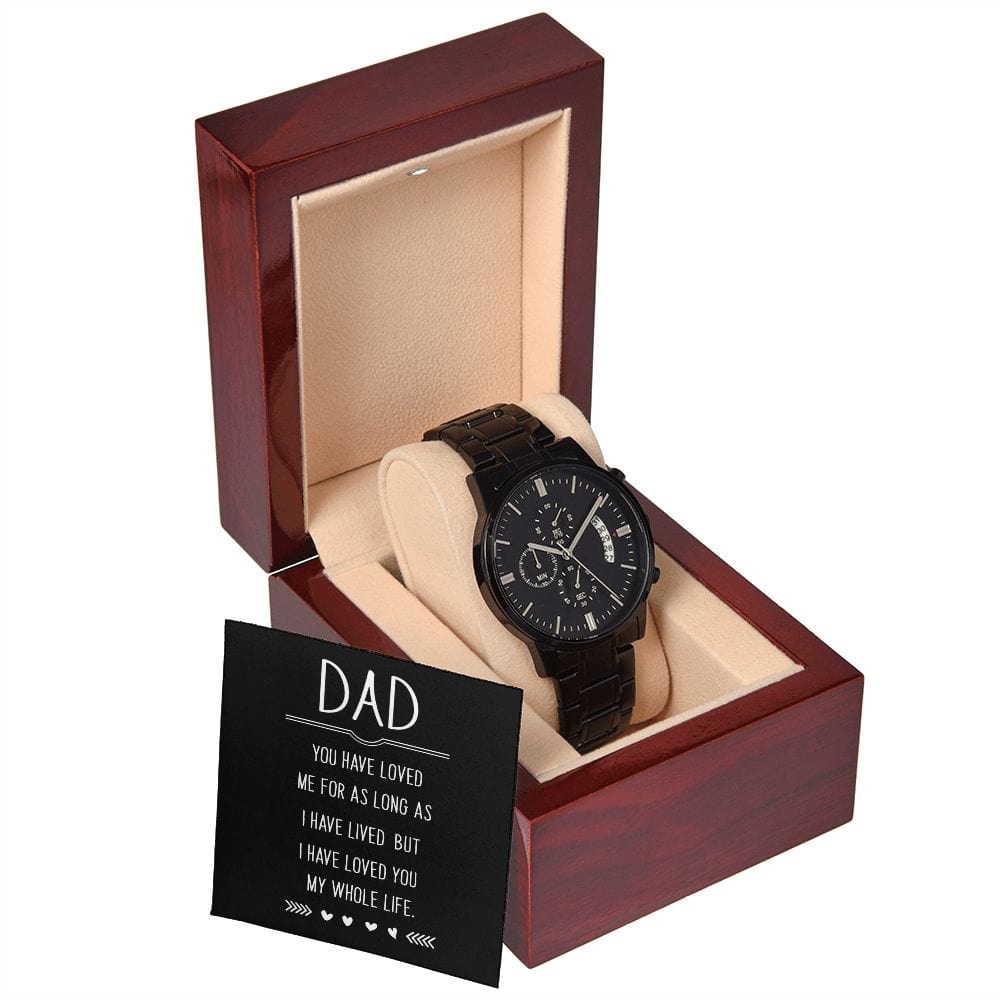 Papá, me has amado: reloj cronógrafo negro con caja de caoba