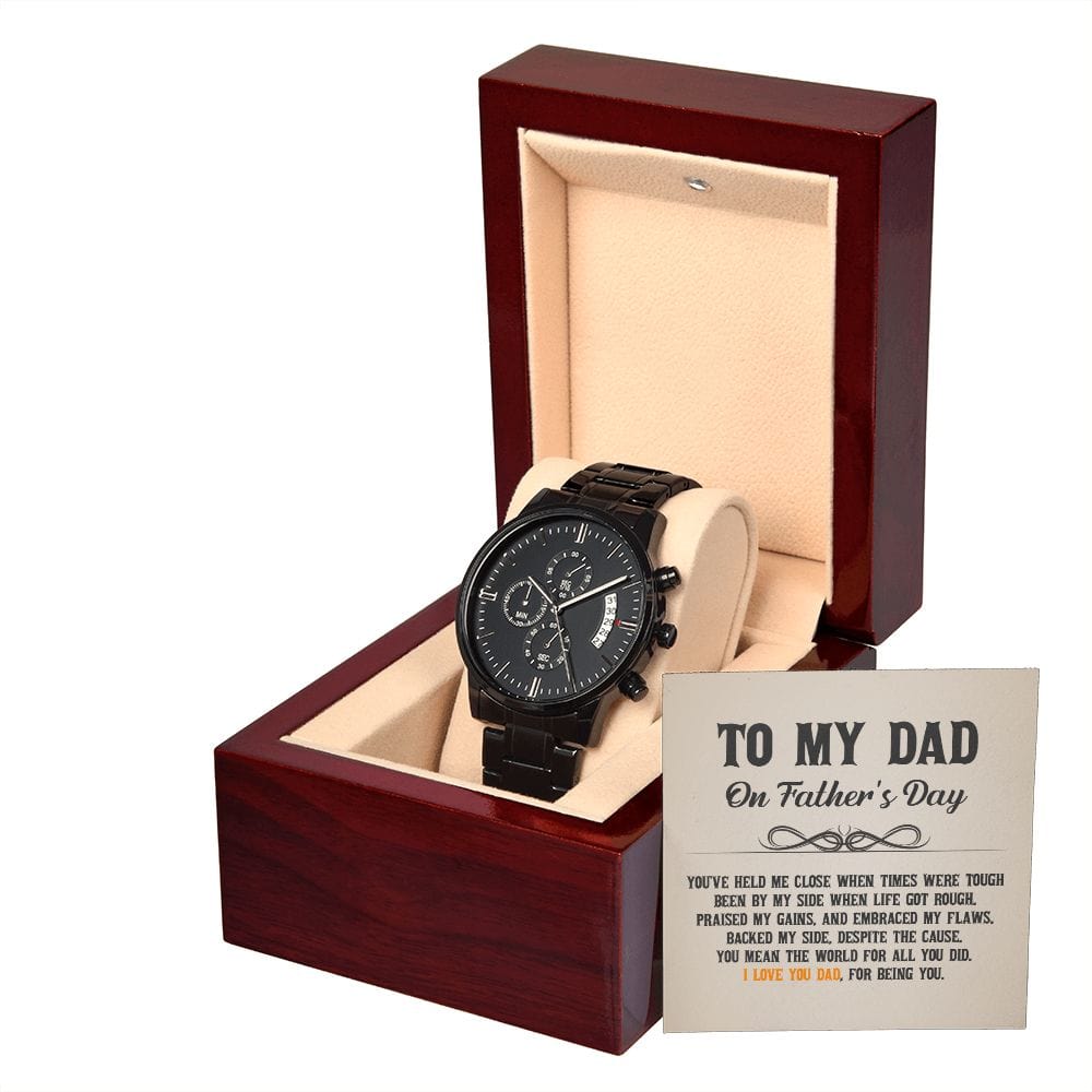 Para mi papá: Me mantuviste cerca cuando los tiempos eran difíciles: reloj cronógrafo negro con caja de caoba