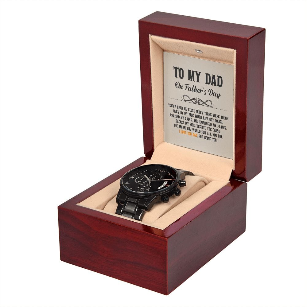 Para mi papá: Me mantuviste cerca cuando los tiempos eran difíciles: reloj cronógrafo negro con caja de caoba