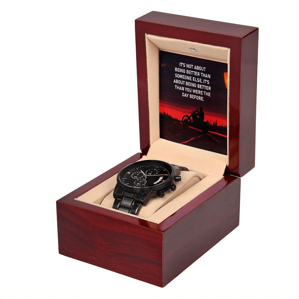 No se trata de ser mejor que otra persona: reloj cronógrafo negro con caja de caoba