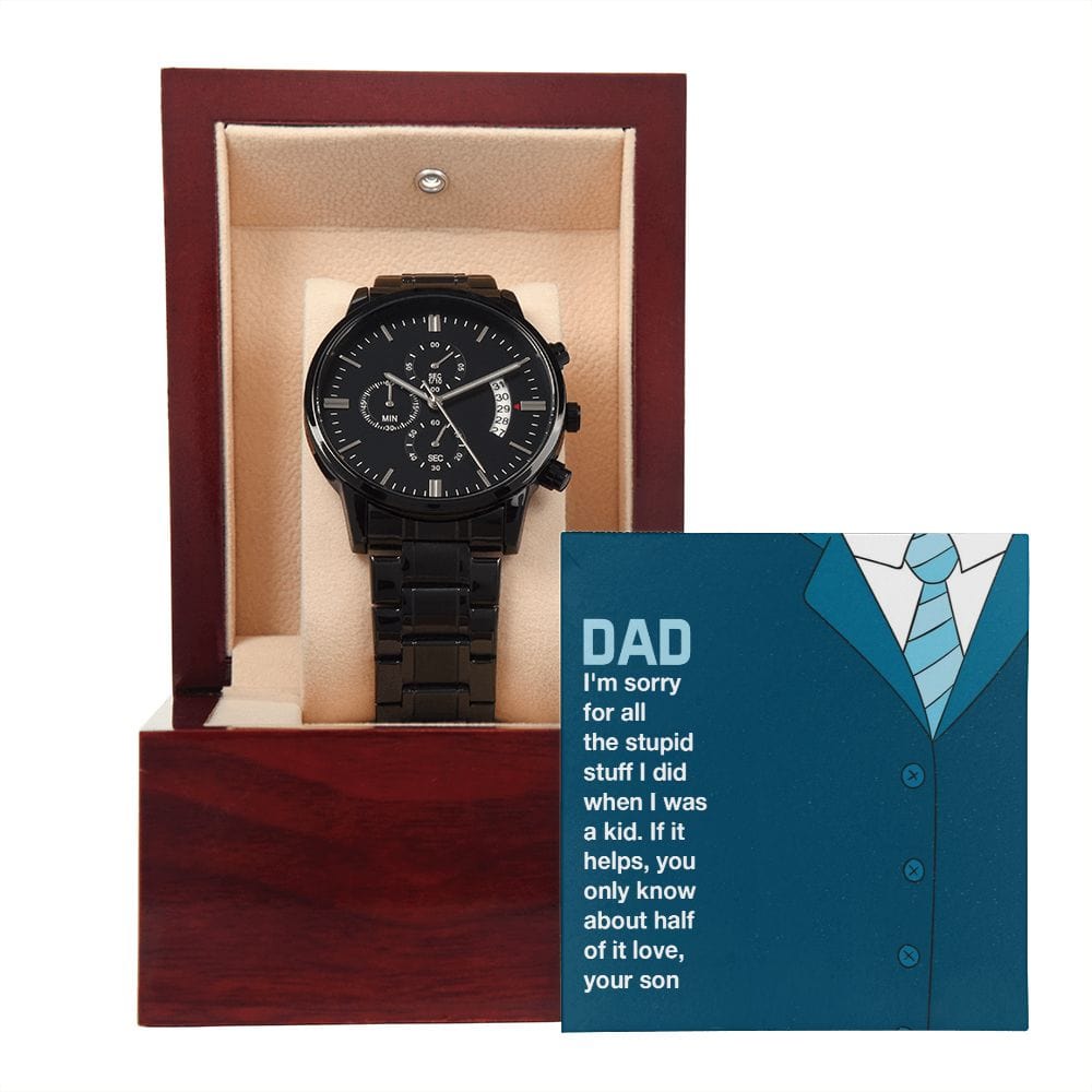 Papá: solo sabes aproximadamente la mitad: lReloj cronógrafo negro con caja de caoba