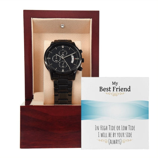 My Best Friend-.Reloj cronógrafo negro con caja de caoba