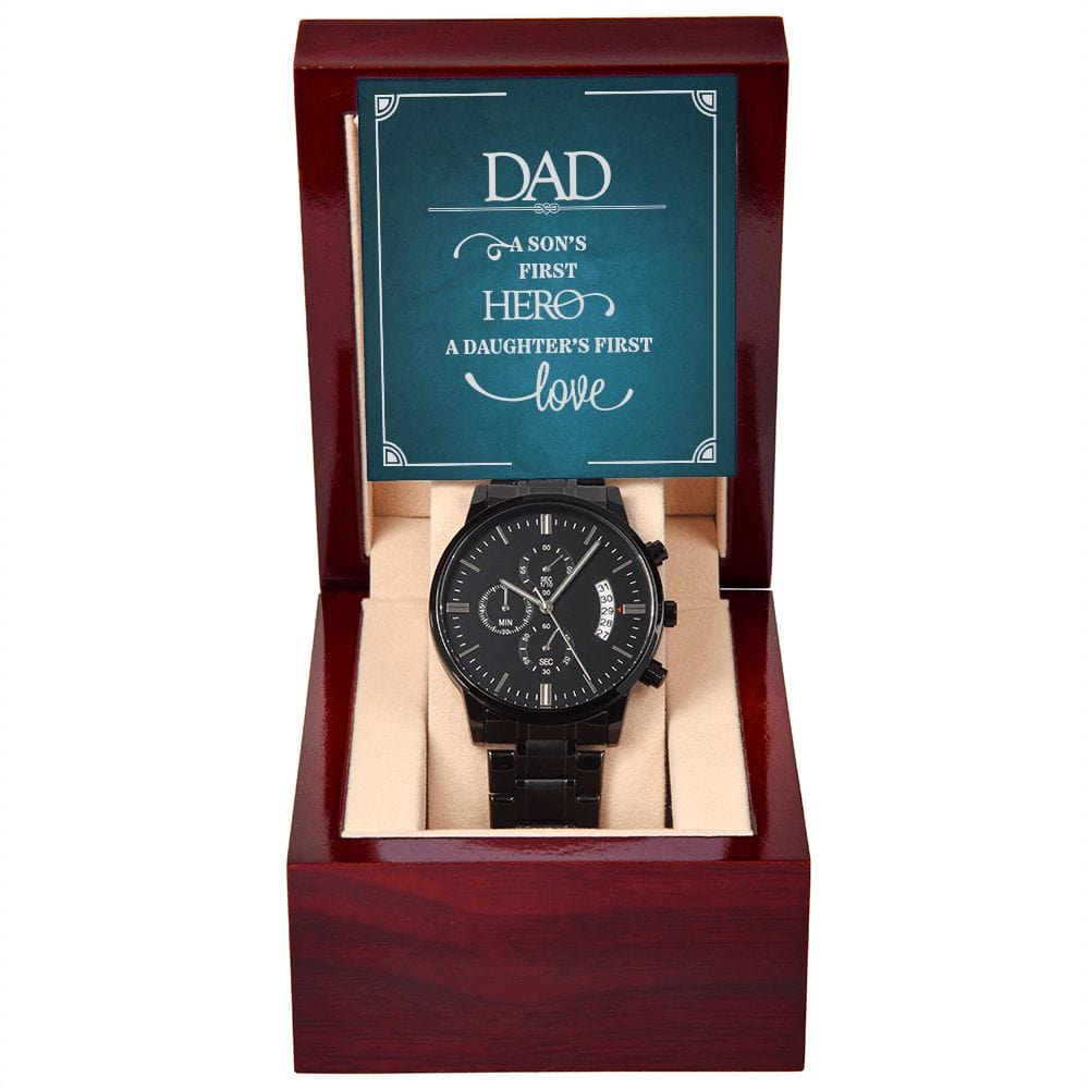 Papá, el primer héroe de un hijo: reloj cronógrafo negro con caja de caoba