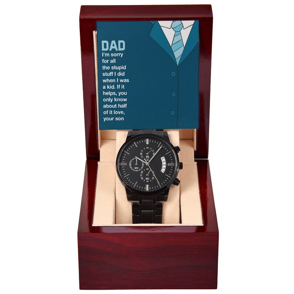 Papá: solo sabes aproximadamente la mitad: lReloj cronógrafo negro con caja de caoba