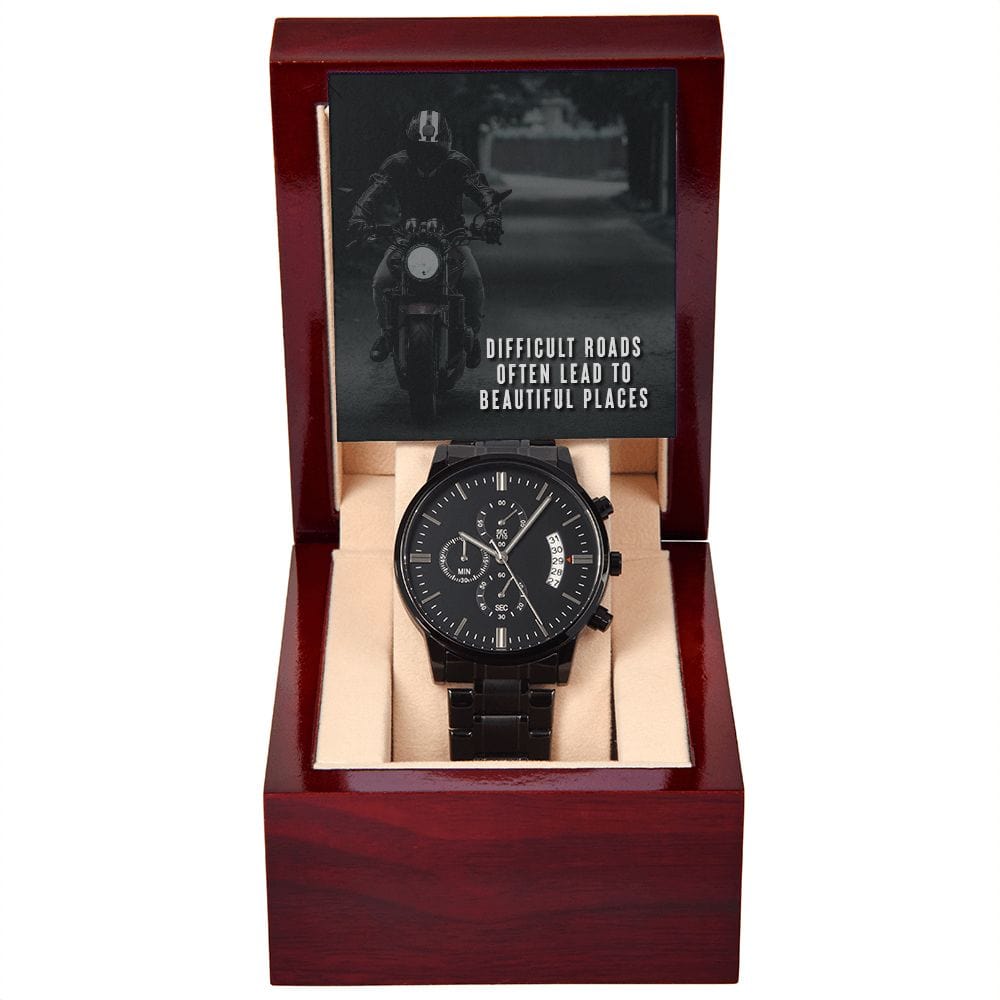 Los caminos difíciles a menudo conducen a lugares hermosos: reloj cronógrafo negro con caja de caoba
