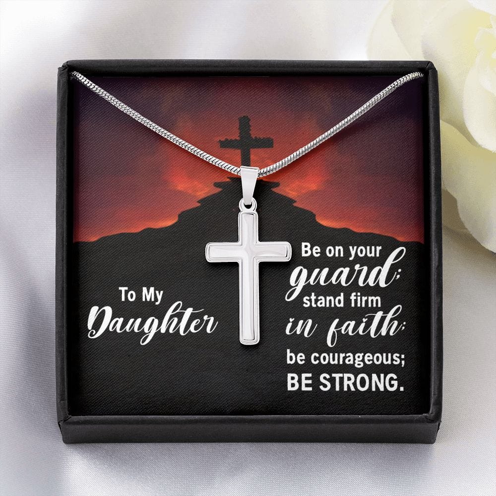 Para mi hija - Mantente firme en la fe - Collar cruzado de acero inoxidable con cadena de serpiente