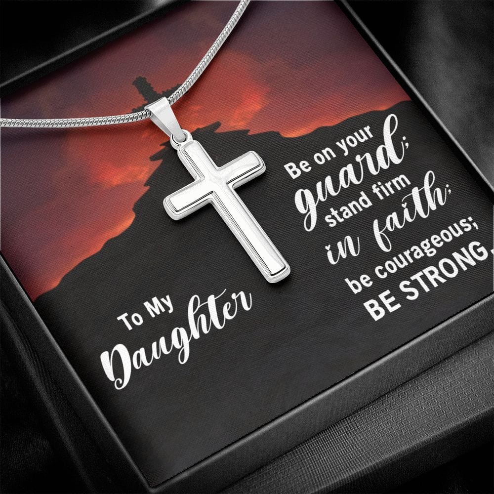 Para mi hija - Mantente firme en la fe - Collar cruzado de acero inoxidable con cadena de serpiente
