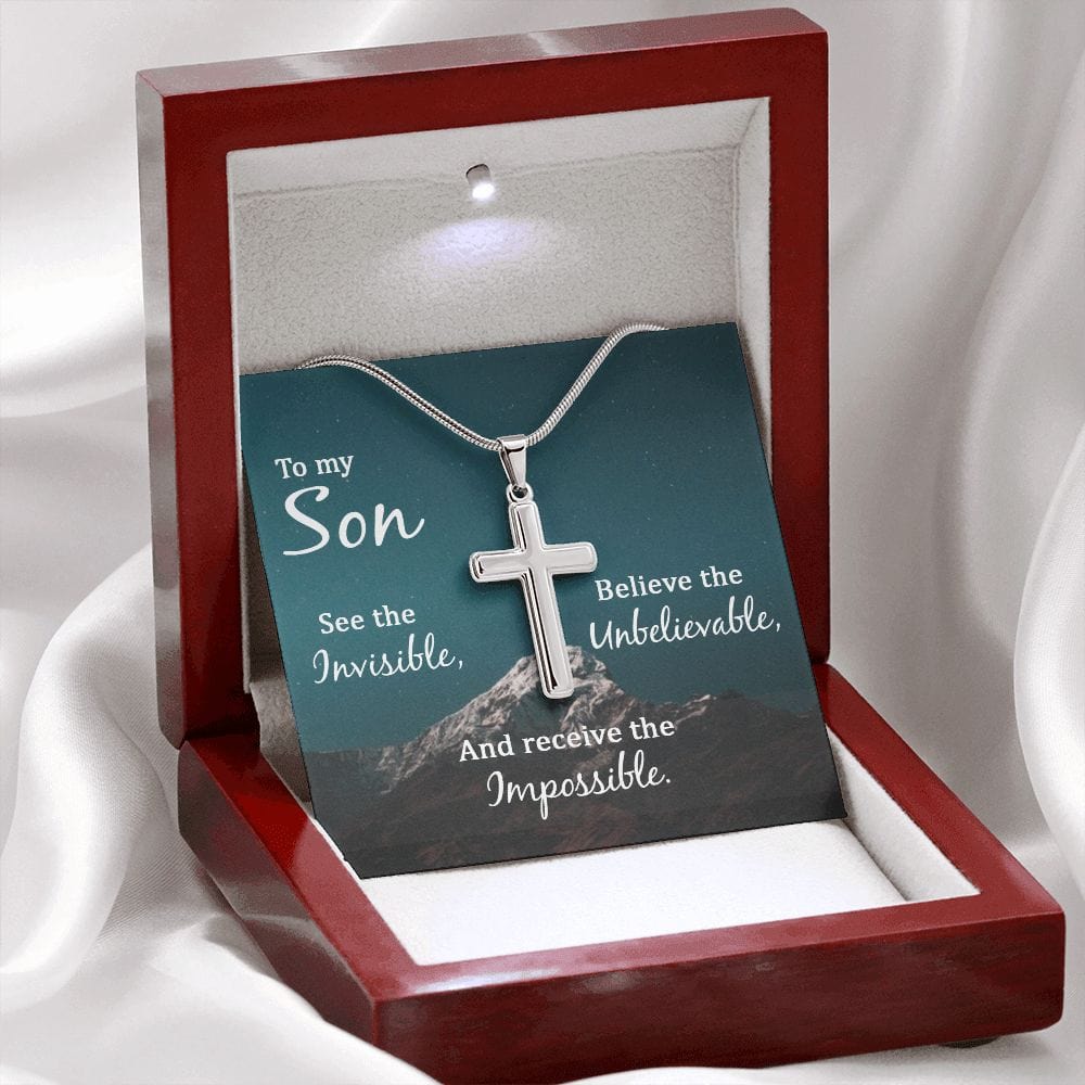 Hijo, mira lo invisible: collar de cruz de acero inoxidable con cadena de serpiente