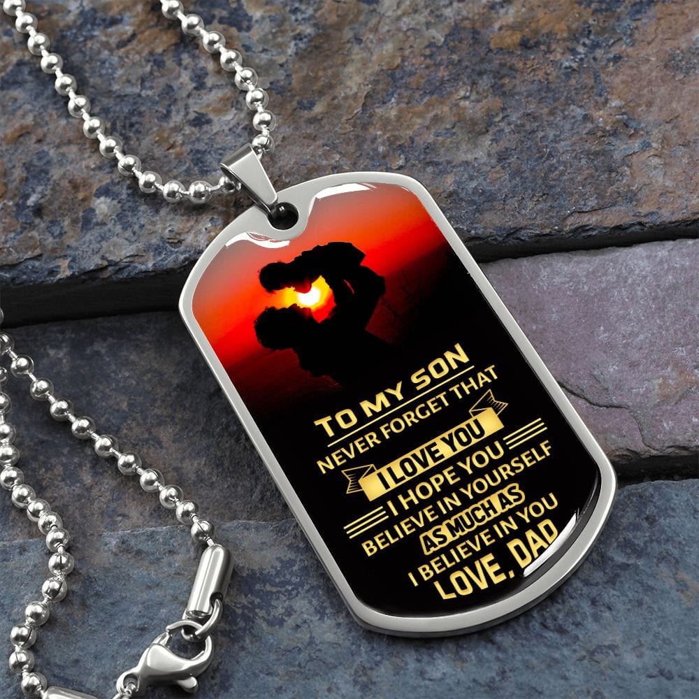 Para mi hijo: nunca lo olvides: placa y cadena para perros de lujo de estilo militar