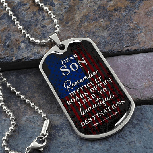 A mi hijo: camino difícil Placa y cadena para perros de lujo estilo militar