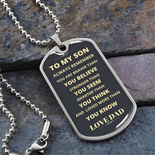 PLACA PARA PERRO CON CADENA DE BOLAS MILITAR A MI HIJO