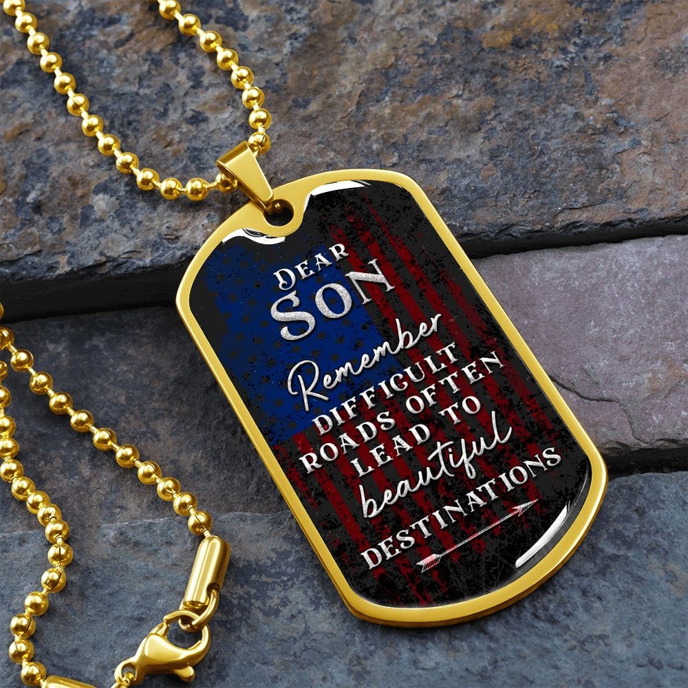 A mi hijo: camino difícil Placa y cadena para perros de lujo estilo militar