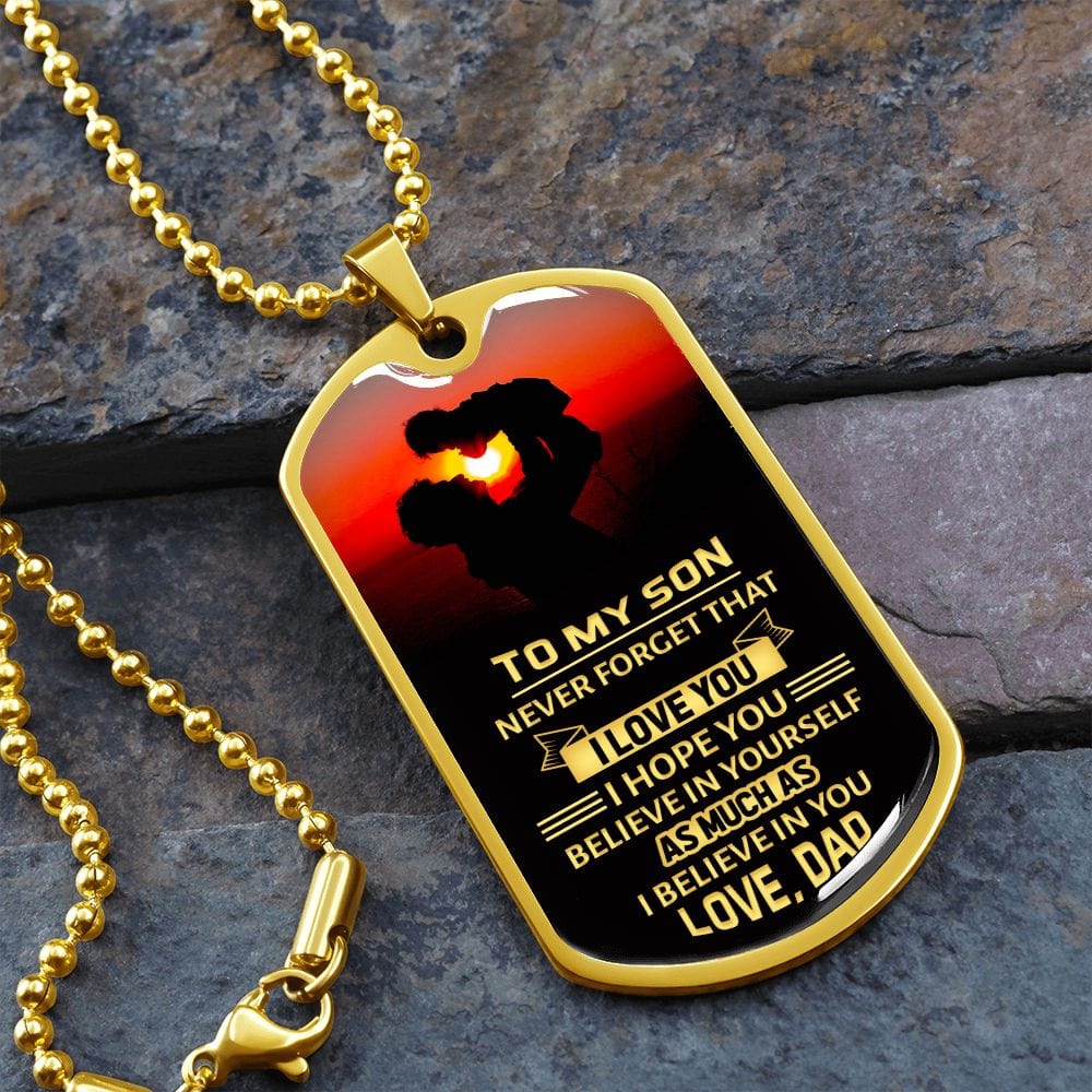 Para mi hijo: nunca lo olvides: placa y cadena para perros de lujo de estilo militar
