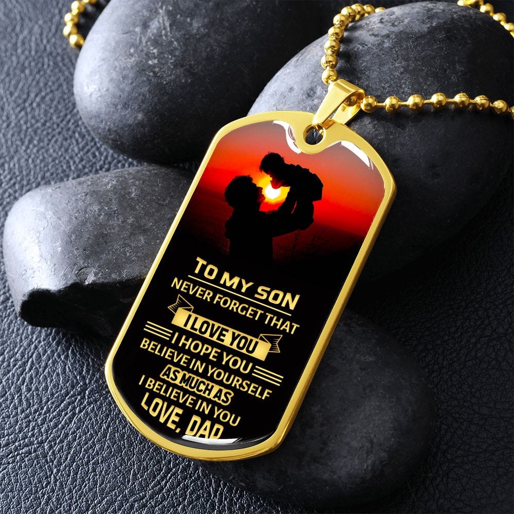 Para mi hijo: nunca lo olvides: placa y cadena para perros de lujo de estilo militar