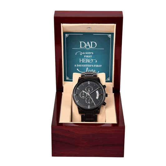 Papá, el primer héroe de un hijo: reloj cronógrafo negro con caja de caoba