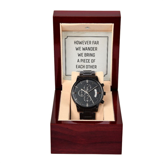 Por muy lejos que vayamos: reloj cronógrafo negro con caja de caoba