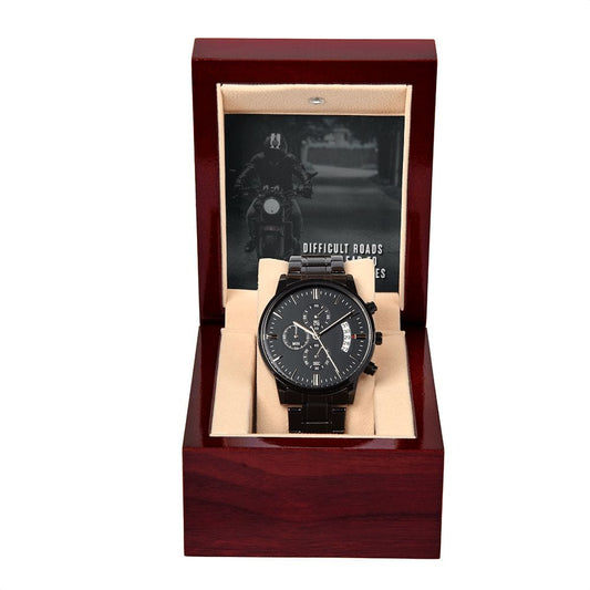 Los caminos difíciles a menudo conducen a lugares hermosos: reloj cronógrafo negro con caja de caoba