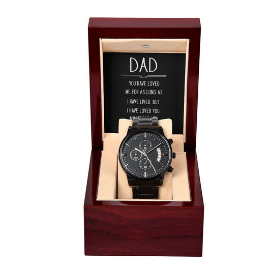 Papá, me has amado: reloj cronógrafo negro con caja de caoba