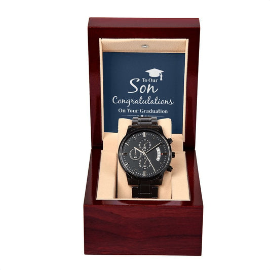 A nuestro hijo: Felicitaciones por su graduación Reloj cronógrafo negro con caja de caoba