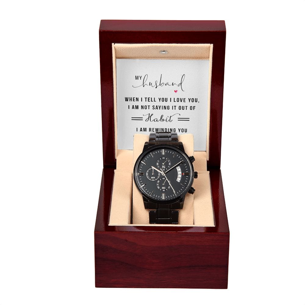 Mi esposo cuando te digo que te amo: reloj cronógrafo negro con caja de caoba