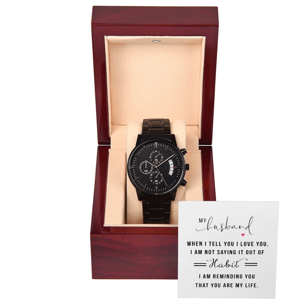 Mi esposo cuando te digo que te amo: reloj cronógrafo negro con caja de caoba
