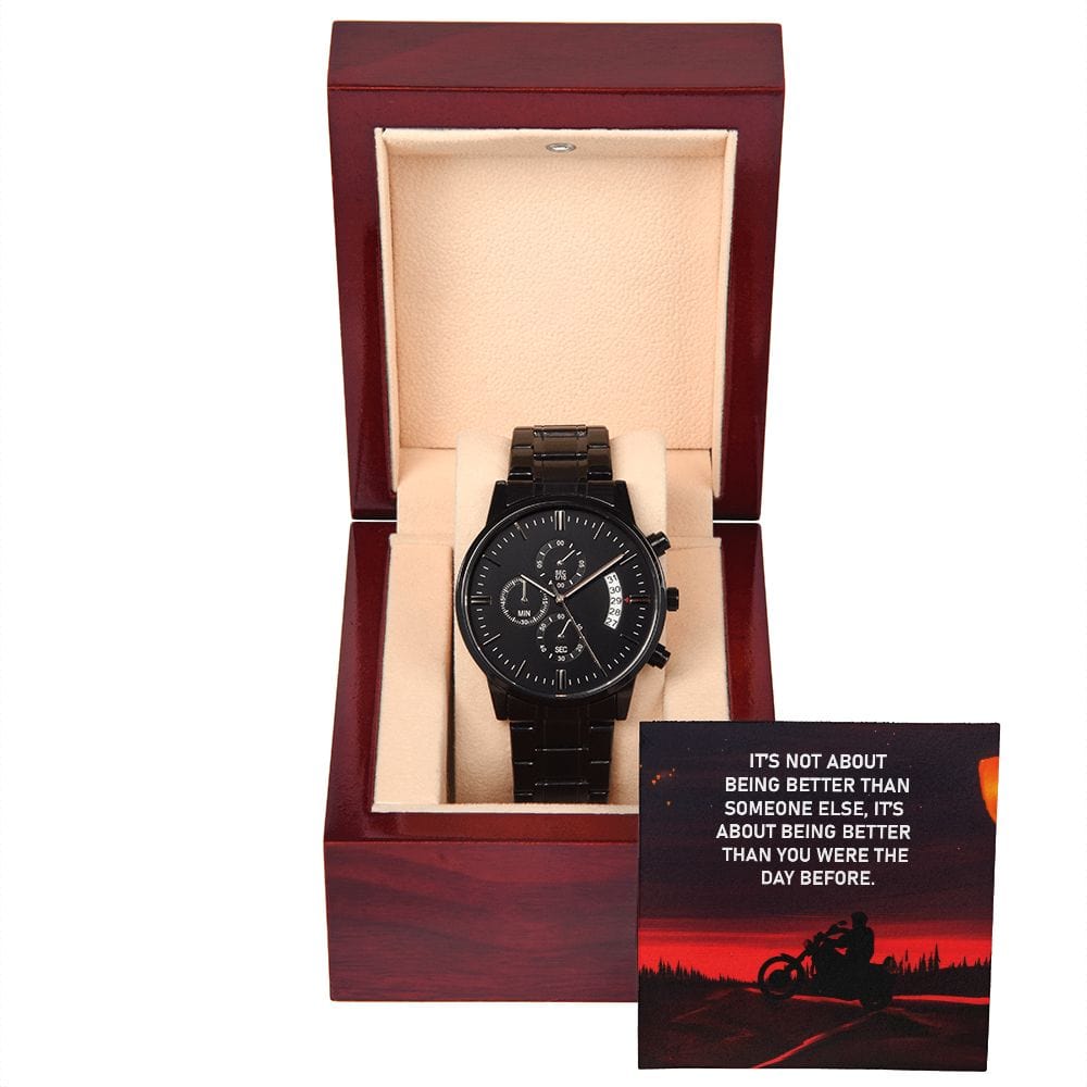 No se trata de ser mejor que otra persona: reloj cronógrafo negro con caja de caoba