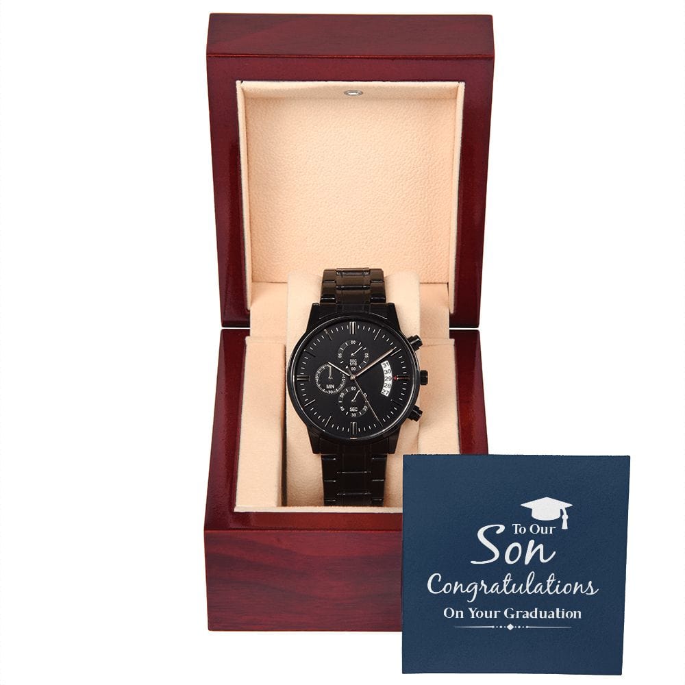 A nuestro hijo: Felicitaciones por su graduación Reloj cronógrafo negro con caja de caoba