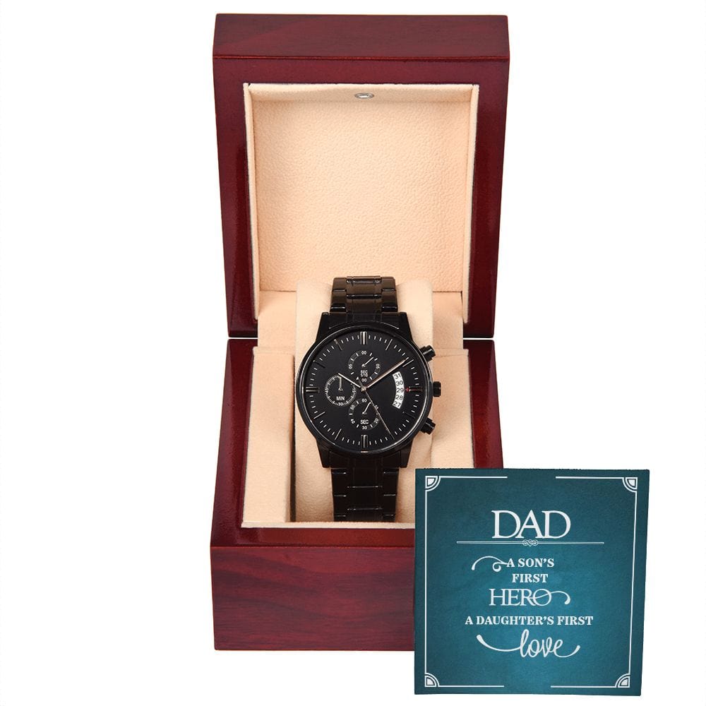 Papá, el primer héroe de un hijo: reloj cronógrafo negro con caja de caoba