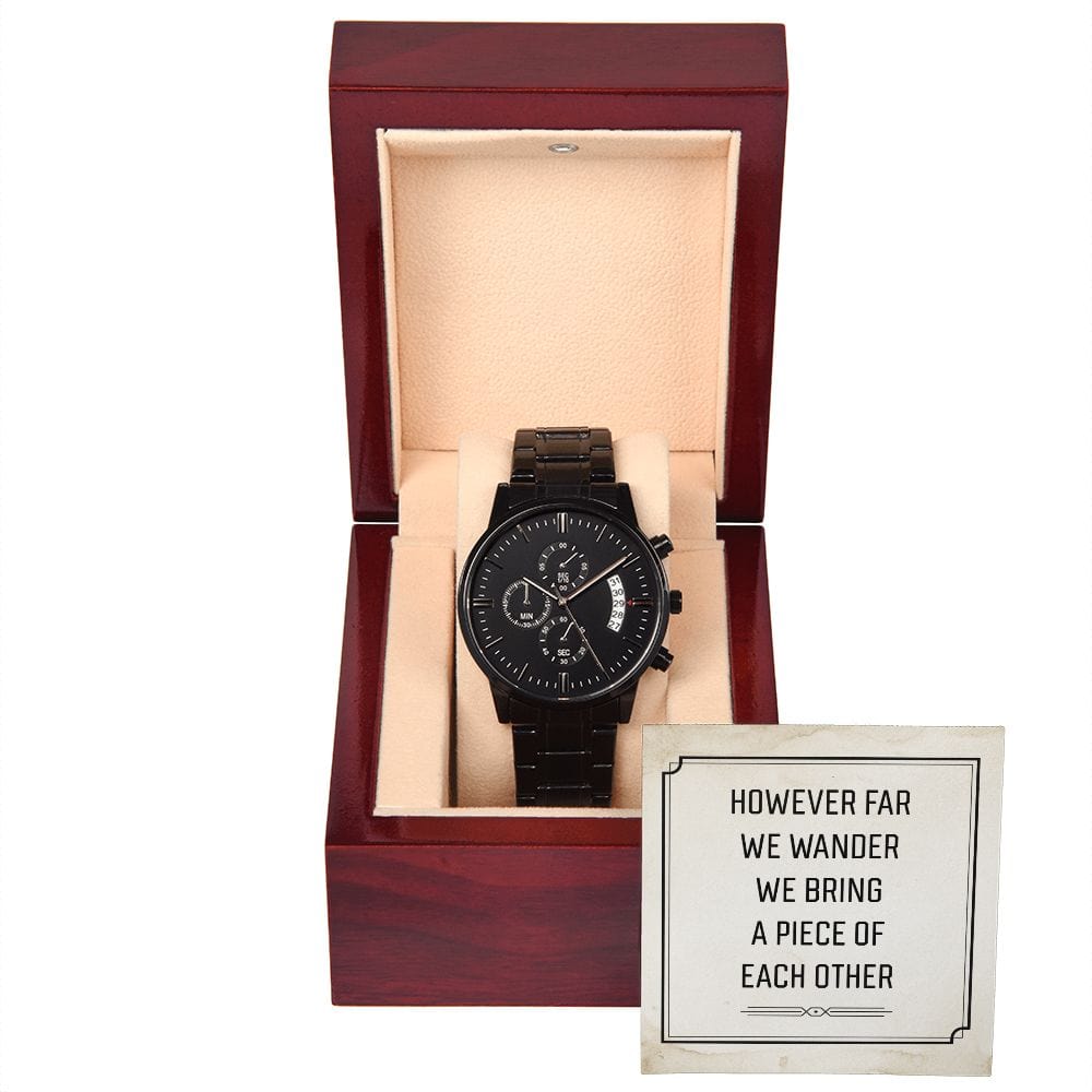 Por muy lejos que vayamos: reloj cronógrafo negro con caja de caoba