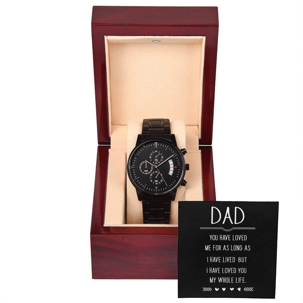 Papá, me has amado: reloj cronógrafo negro con caja de caoba