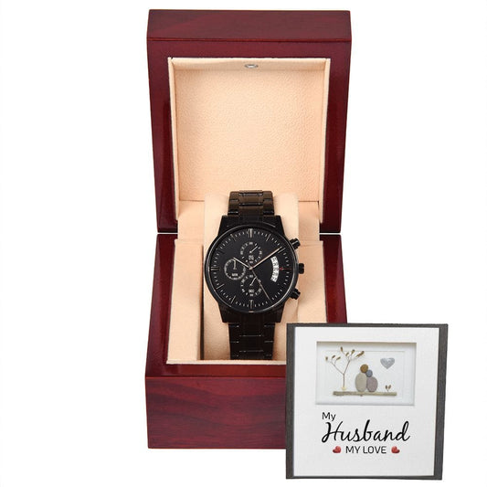 Mi marido, mi amor: reloj cronógrafo negro con caja de caoba