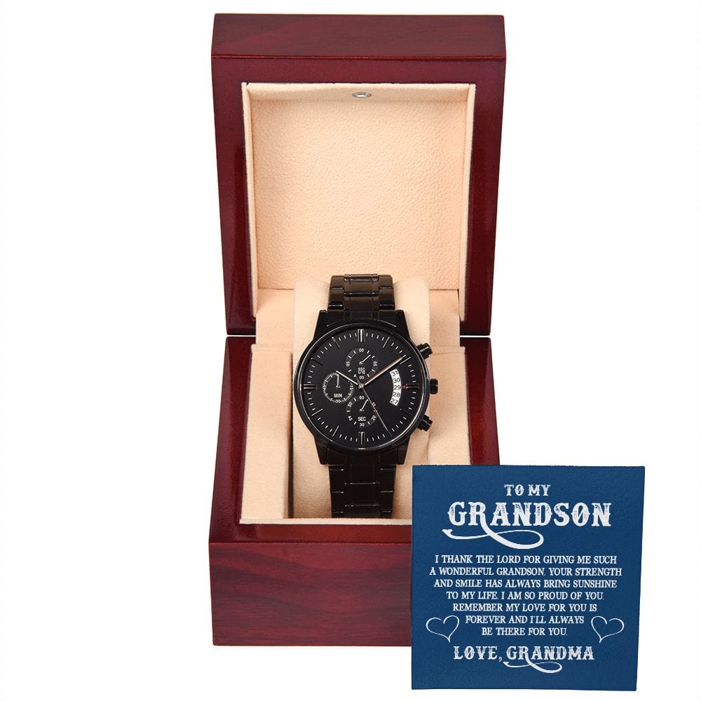 A mi nieto: Doy gracias al Señor por darme tal... Reloj cronógrafo negro con caja de caoba