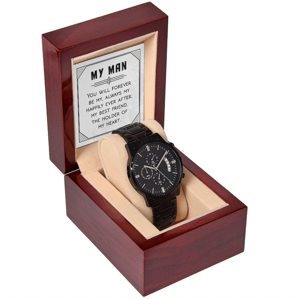 Siempre serás mi reloj cronógrafo negro con caja de caoba