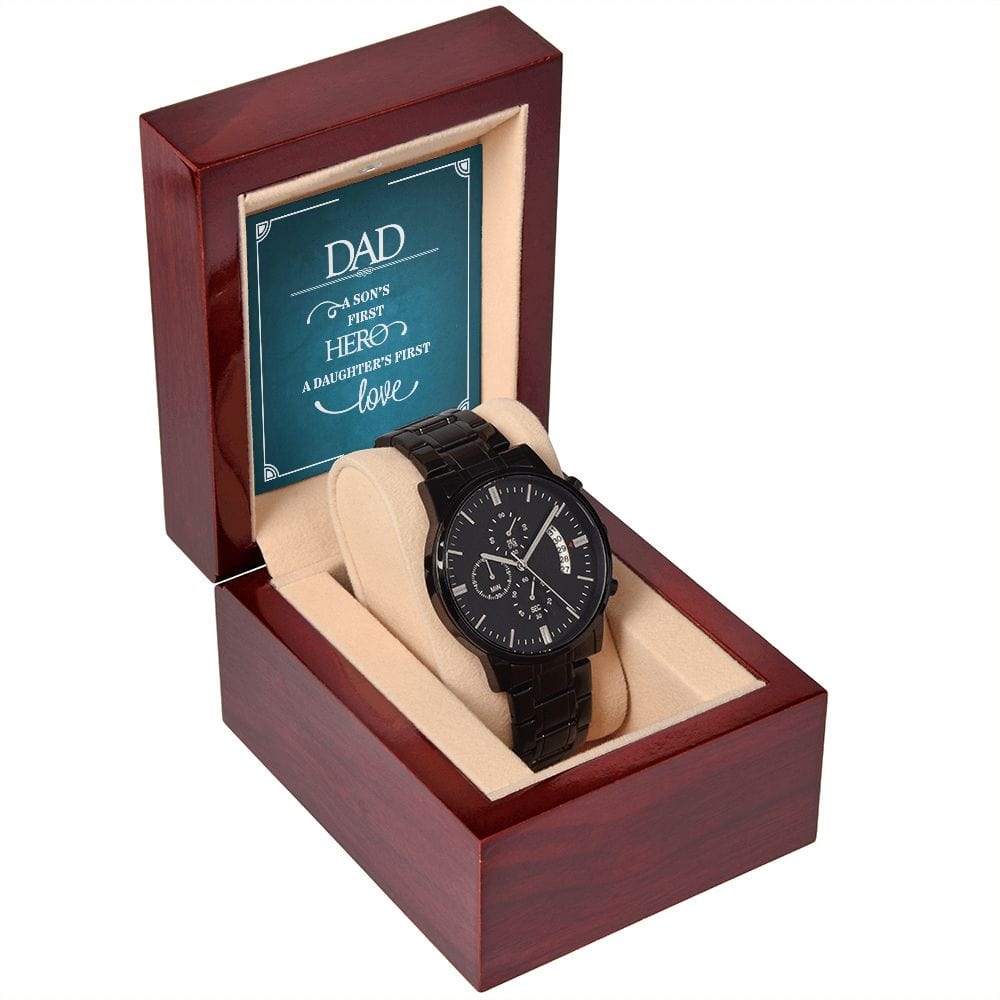 Papá, el primer héroe de un hijo: reloj cronógrafo negro con caja de caoba