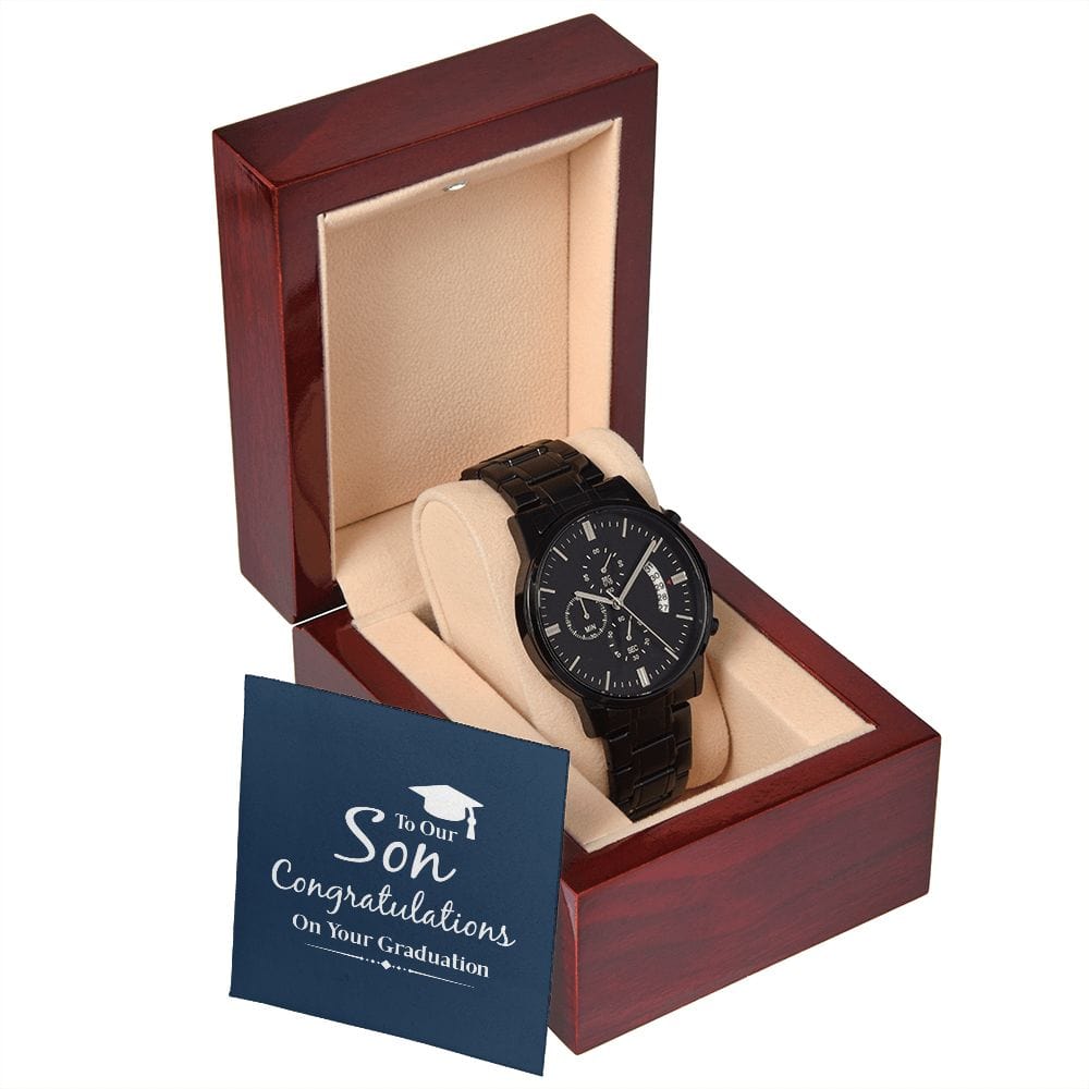 A nuestro hijo: Felicitaciones por su graduación Reloj cronógrafo negro con caja de caoba