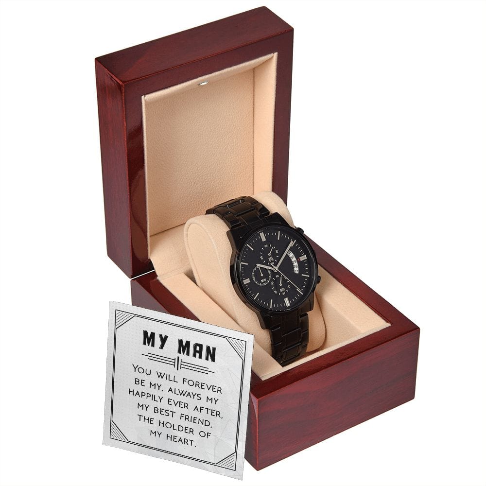Siempre serás mi reloj cronógrafo negro con caja de caoba