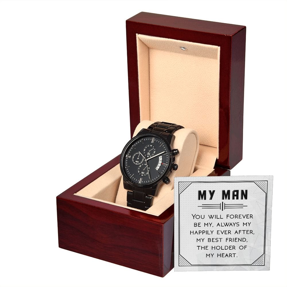 Siempre serás mi reloj cronógrafo negro con caja de caoba