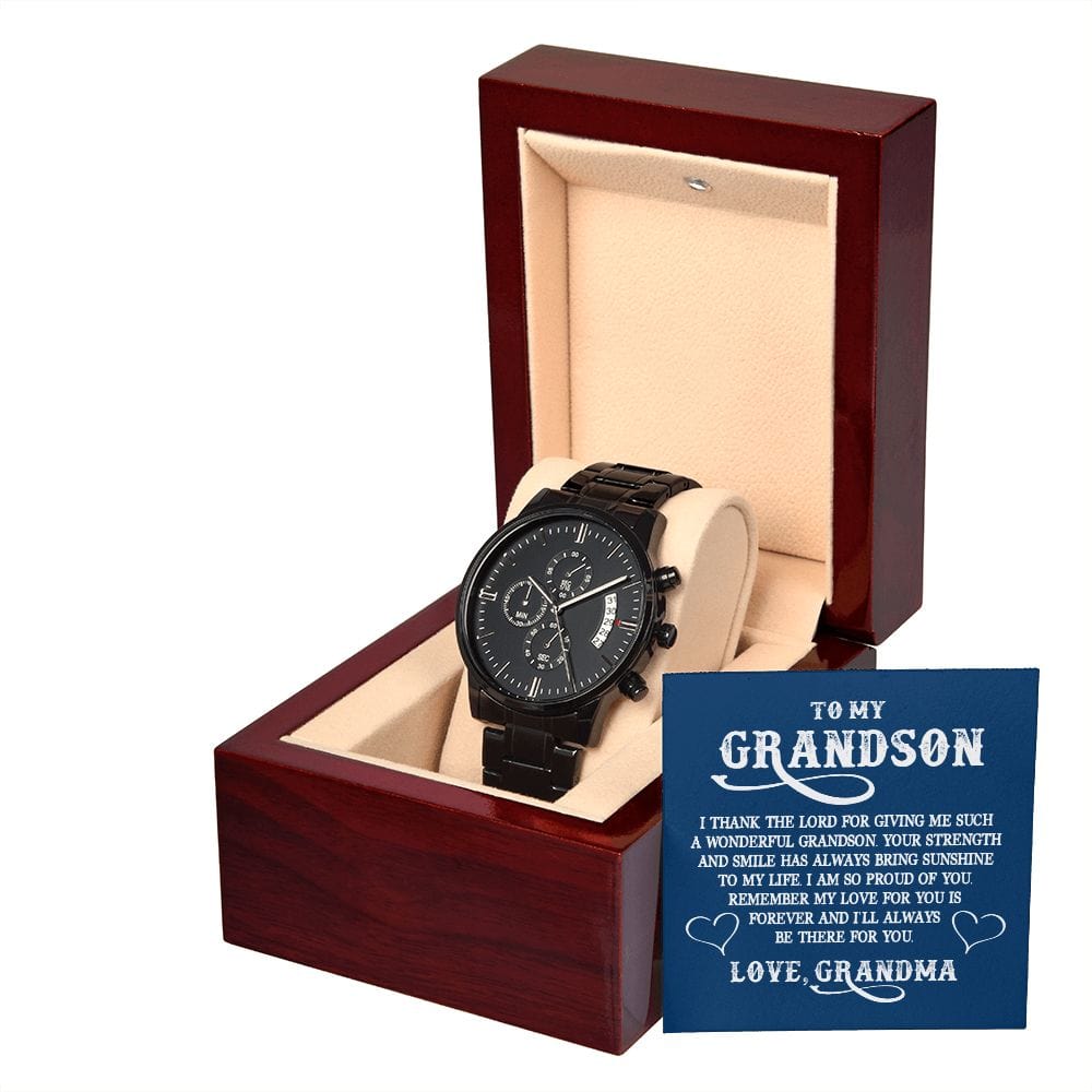 A mi nieto: Doy gracias al Señor por darme tal... Reloj cronógrafo negro con caja de caoba
