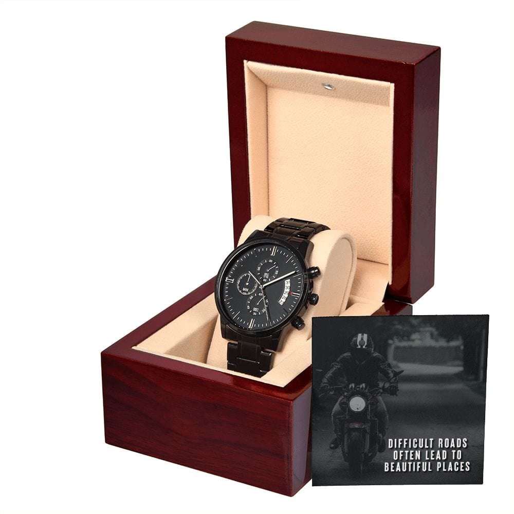 Los caminos difíciles a menudo conducen a lugares hermosos: reloj cronógrafo negro con caja de caoba