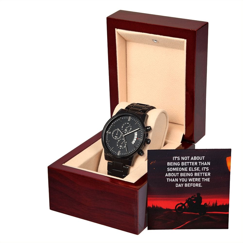 No se trata de ser mejor que otra persona: reloj cronógrafo negro con caja de caoba