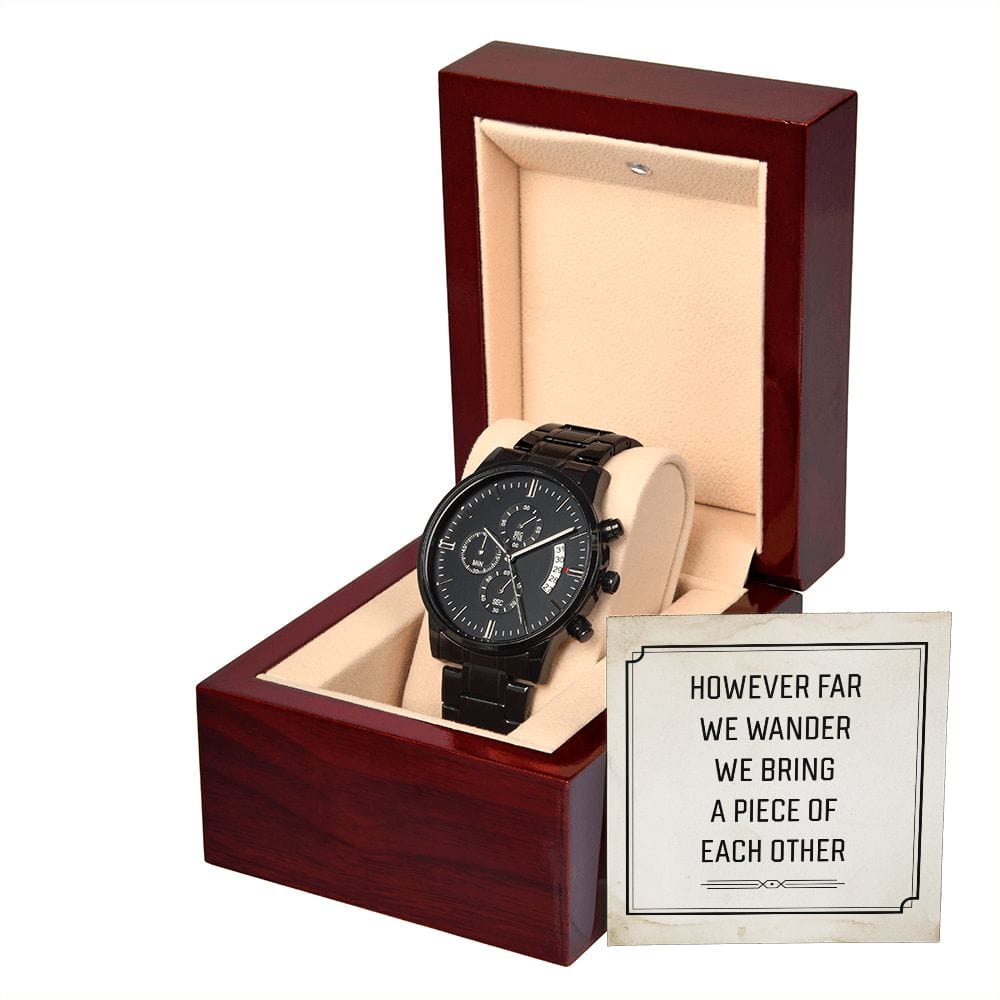 Por muy lejos que vayamos: reloj cronógrafo negro con caja de caoba