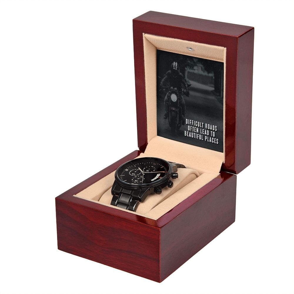 Los caminos difíciles a menudo conducen a lugares hermosos: reloj cronógrafo negro con caja de caoba
