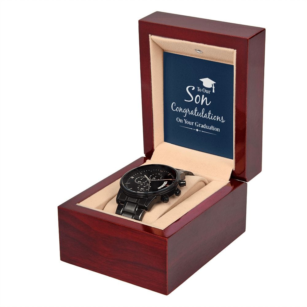 A nuestro hijo: Felicitaciones por su graduación Reloj cronógrafo negro con caja de caoba
