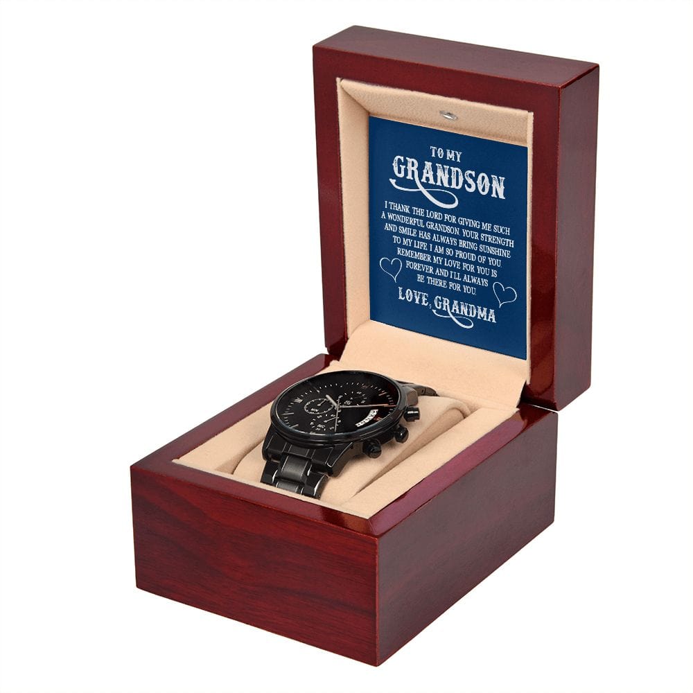 A mi nieto: Doy gracias al Señor por darme tal... Reloj cronógrafo negro con caja de caoba