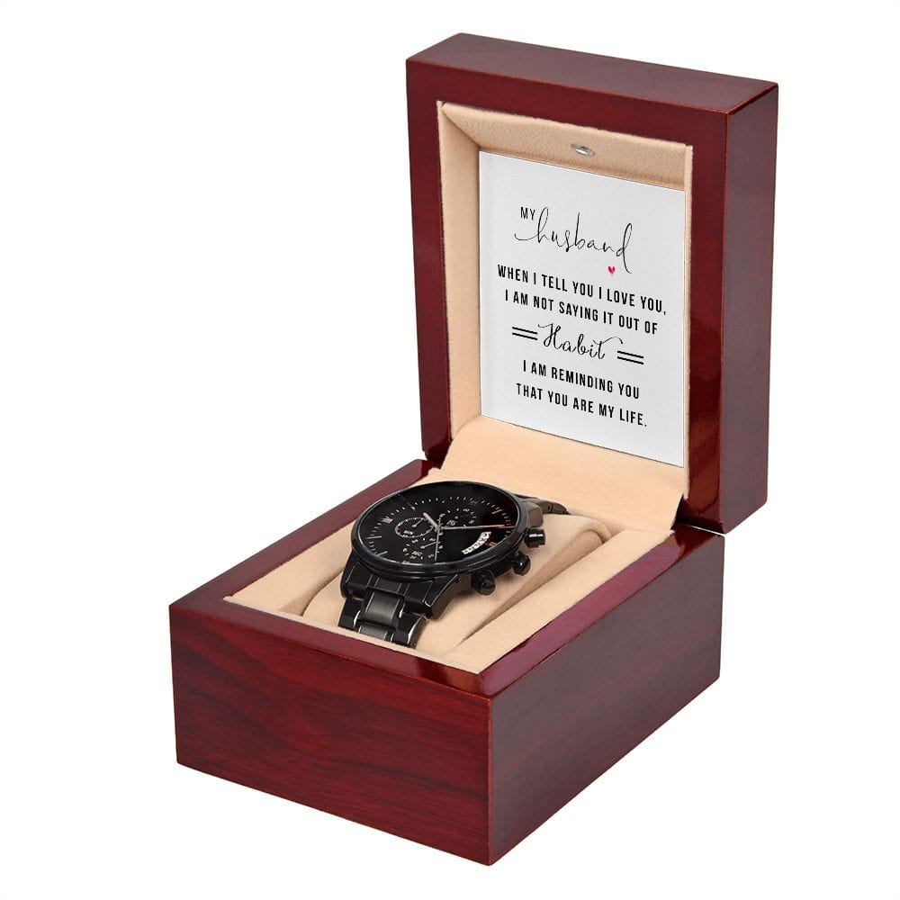 Mi esposo cuando te digo que te amo: reloj cronógrafo negro con caja de caoba