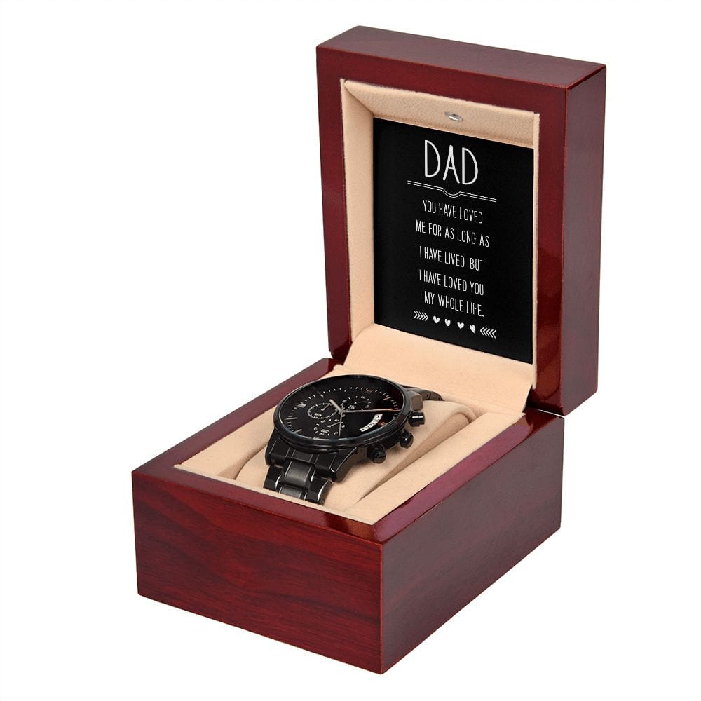 Papá, me has amado: reloj cronógrafo negro con caja de caoba